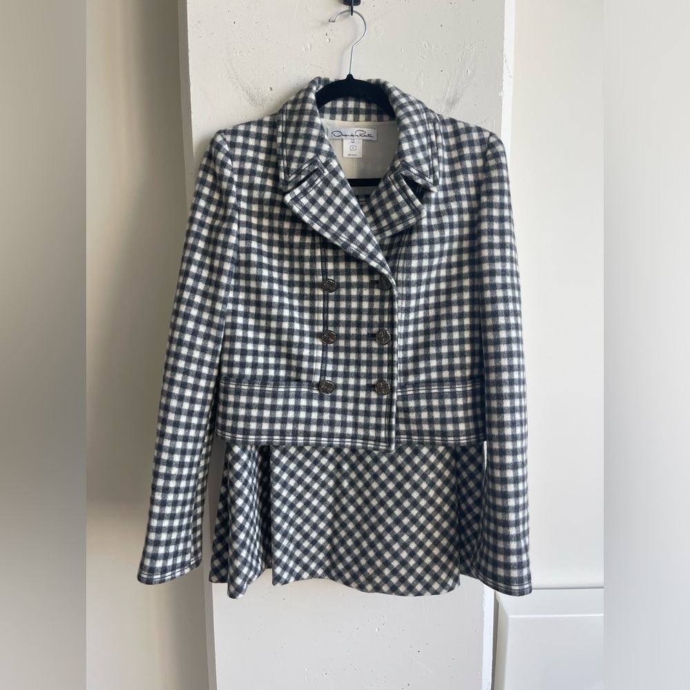 Oscar de la Renta 100% Wool Gingham Skirt Suit in Black/White Size 4